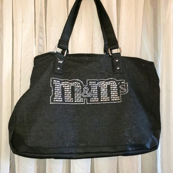 M&M NWT 2016 Black Denim Tote Bag with M&M in Shiney Studs Faux Leather Handle - Picture 1 of 9